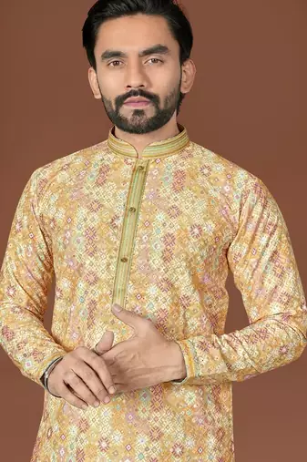 Yellow lucknowi silk straight kurta