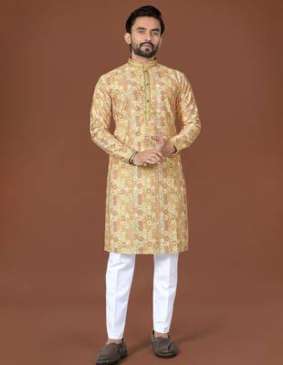 Yellow lucknowi silk straight kurta 3
