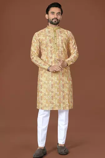 Yellow lucknowi silk straight kurta