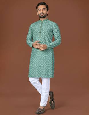 Sea green lucknowi silk straight kurta 1