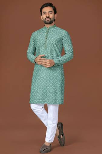 Sea green lucknowi silk straight kurta