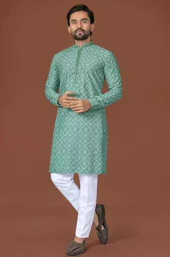 Sea green lucknowi silk straight kurta