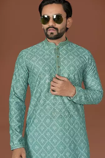 Sea green lucknowi silk straight kurta
