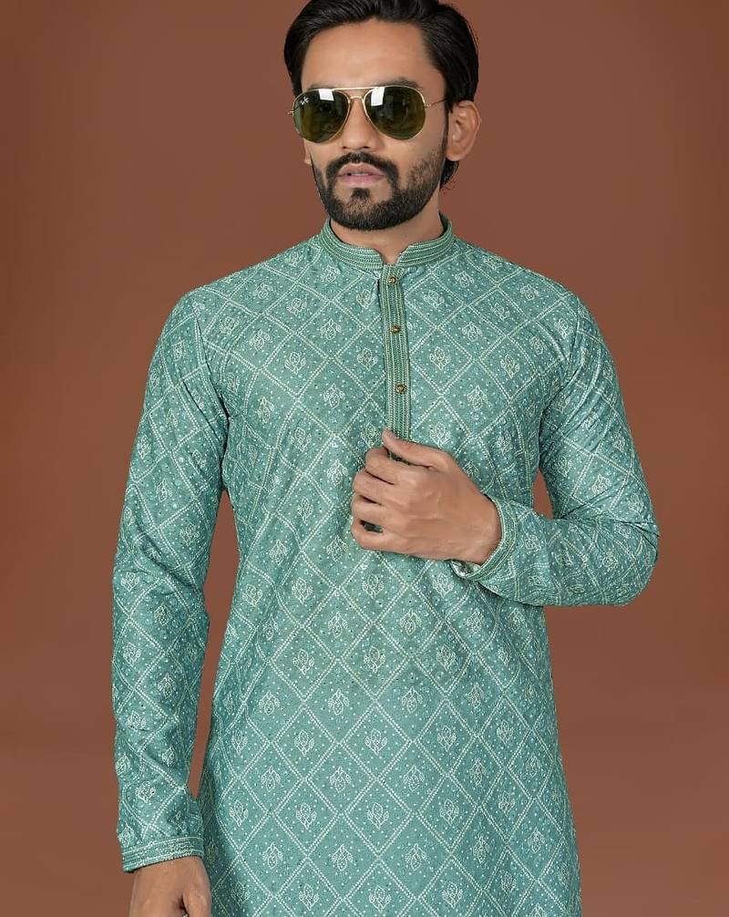 Sea green lucknowi silk straight kurta