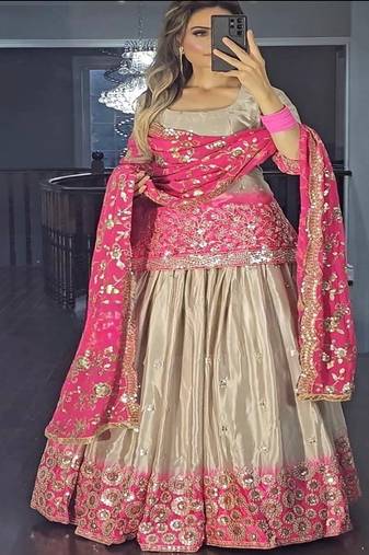 Beige & Pink Ombre Embroidered Lehenga Choli Set for Bridal and Festive Occasions