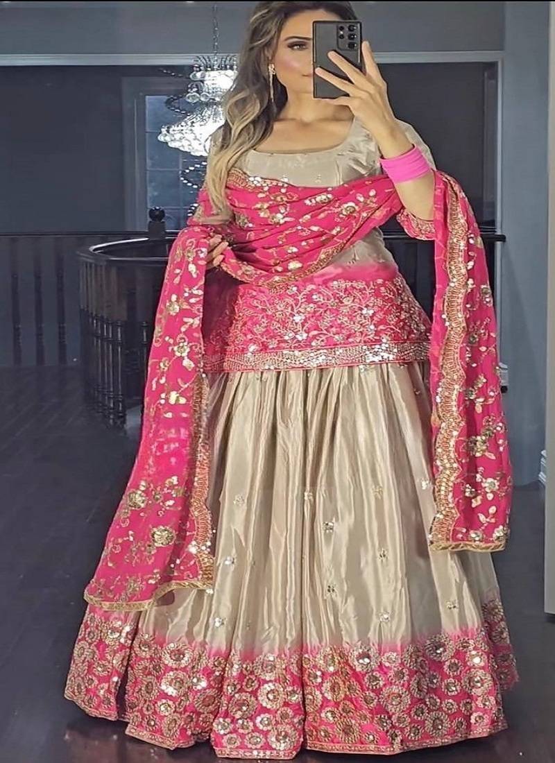 Beige & Pink Ombre Embroidered Lehenga Choli Set for Bridal and Festive Occasions