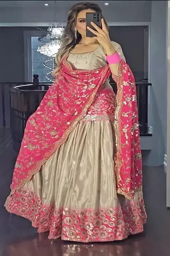 Beige & Pink Ombre Embroidered Lehenga Choli Set for Bridal and Festive Occasions