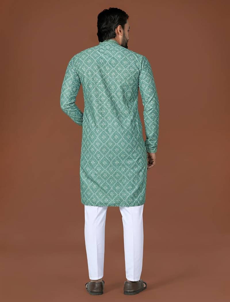 Sea green lucknowi silk straight kurta