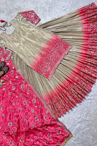 Beige & Pink Ombre Embroidered Lehenga Choli Set for Bridal and Festive Occasions