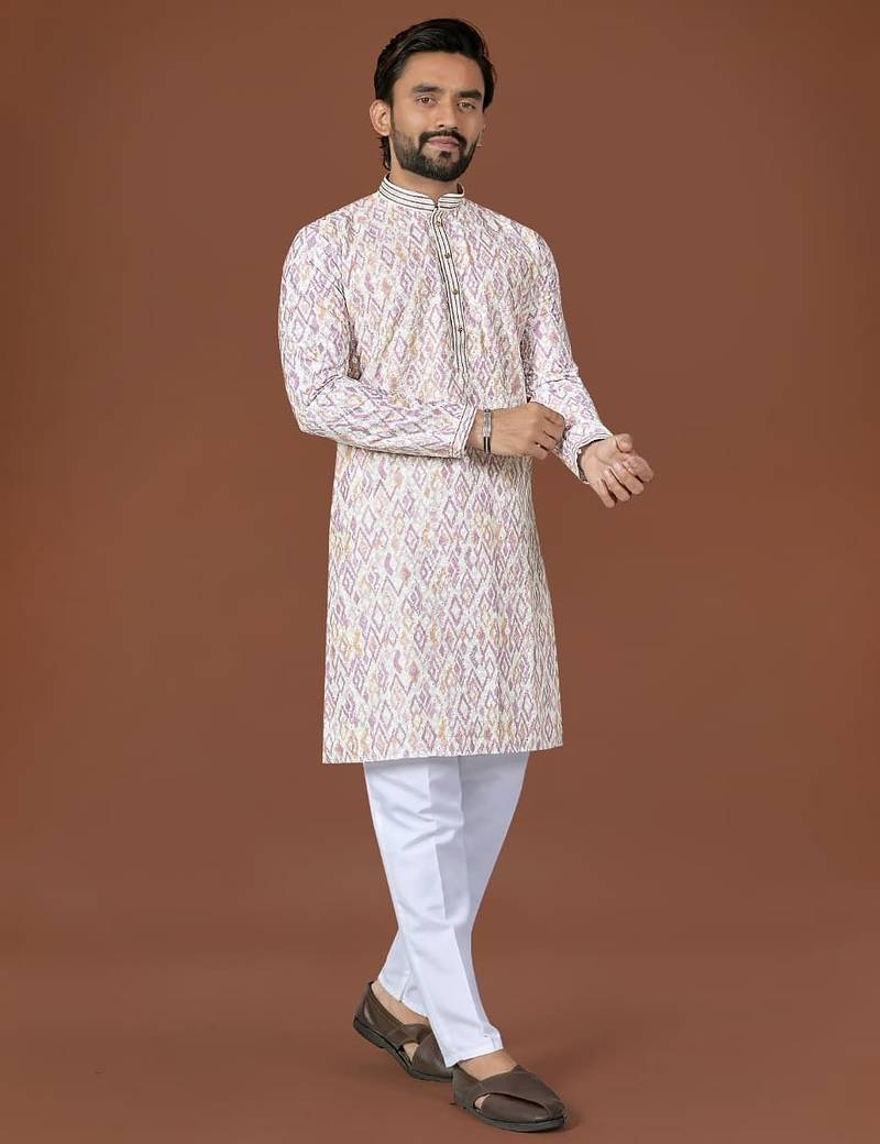 White lucknowi silk straight kurta