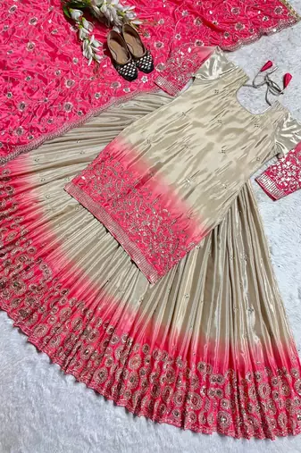 Beige & Pink Ombre Embroidered Lehenga Choli Set for Bridal and Festive Occasions