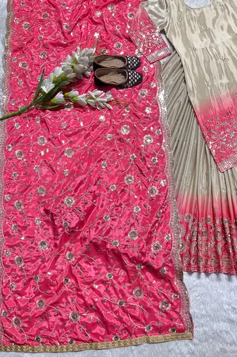 Beige & Pink Ombre Embroidered Lehenga Choli Set for Bridal and Festive Occasions