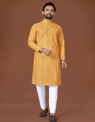 Yellow lucknowi silk straight kurta 1