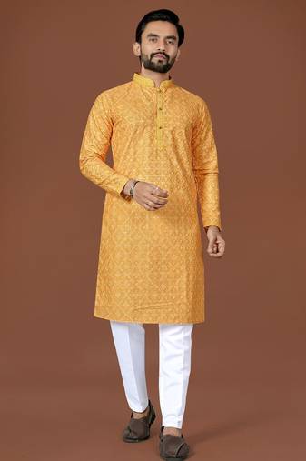 Yellow lucknowi silk straight kurta
