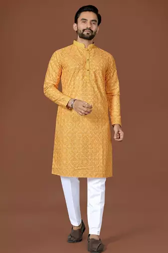 Yellow lucknowi silk straight kurta