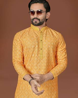 Yellow lucknowi silk straight kurta 2