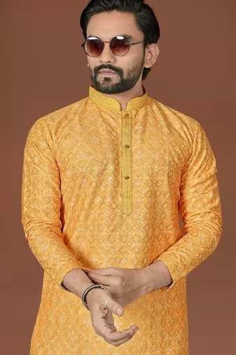 Yellow lucknowi silk straight kurta
