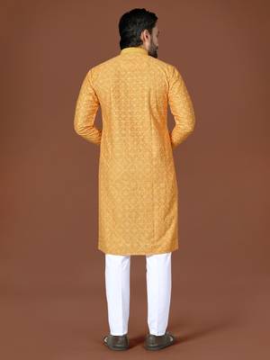 Yellow lucknowi silk straight kurta 3