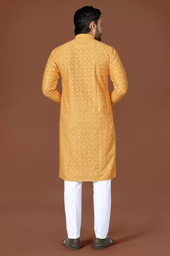 Yellow lucknowi silk straight kurta
