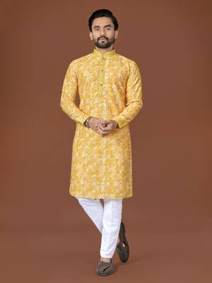 Yellow lucknowi silk straight kurta 1