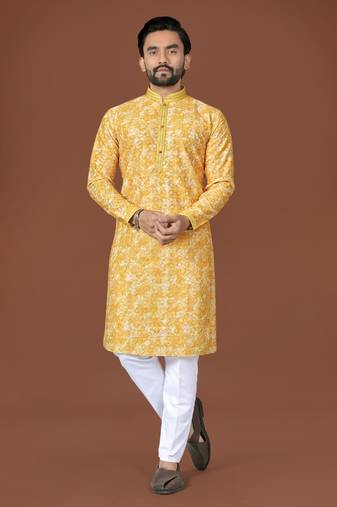 Yellow lucknowi silk straight kurta