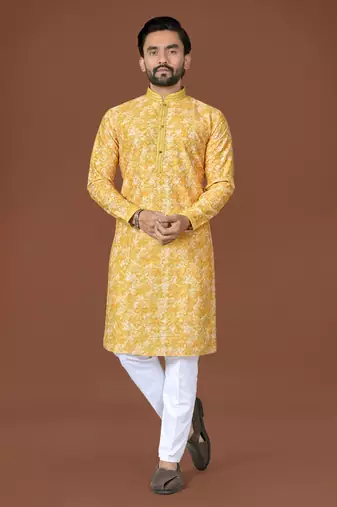 Yellow lucknowi silk straight kurta