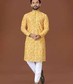 Yellow lucknowi silk straight kurta
