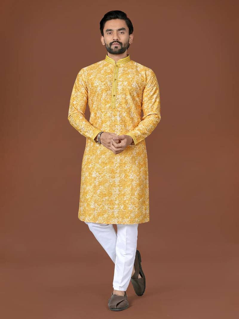 Yellow lucknowi silk straight kurta