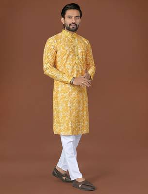 Yellow lucknowi silk straight kurta 2
