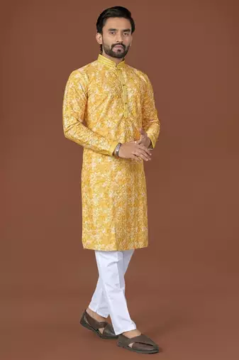 Yellow lucknowi silk straight kurta