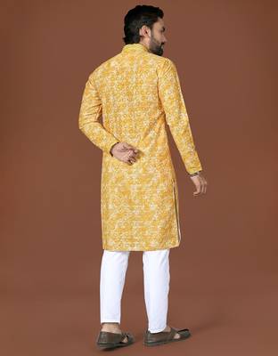 Yellow lucknowi silk straight kurta 3