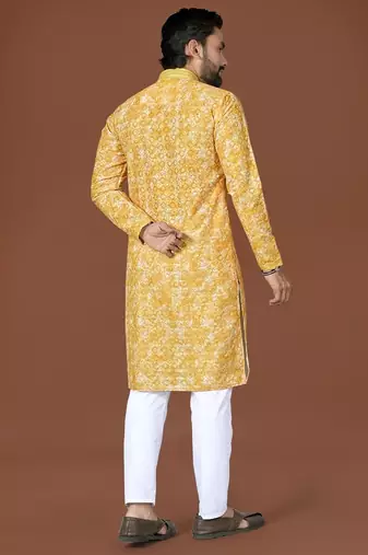 Yellow lucknowi silk straight kurta