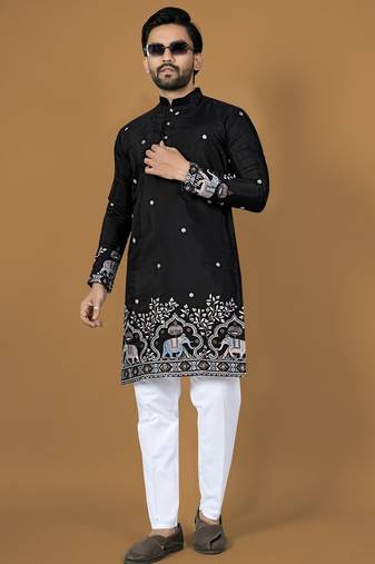 black embroidery silk straight kurta