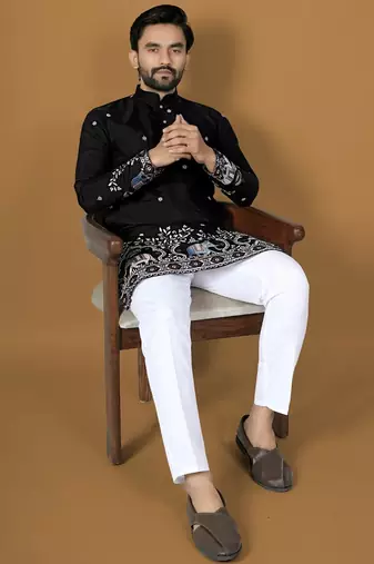black embroidery silk straight kurta