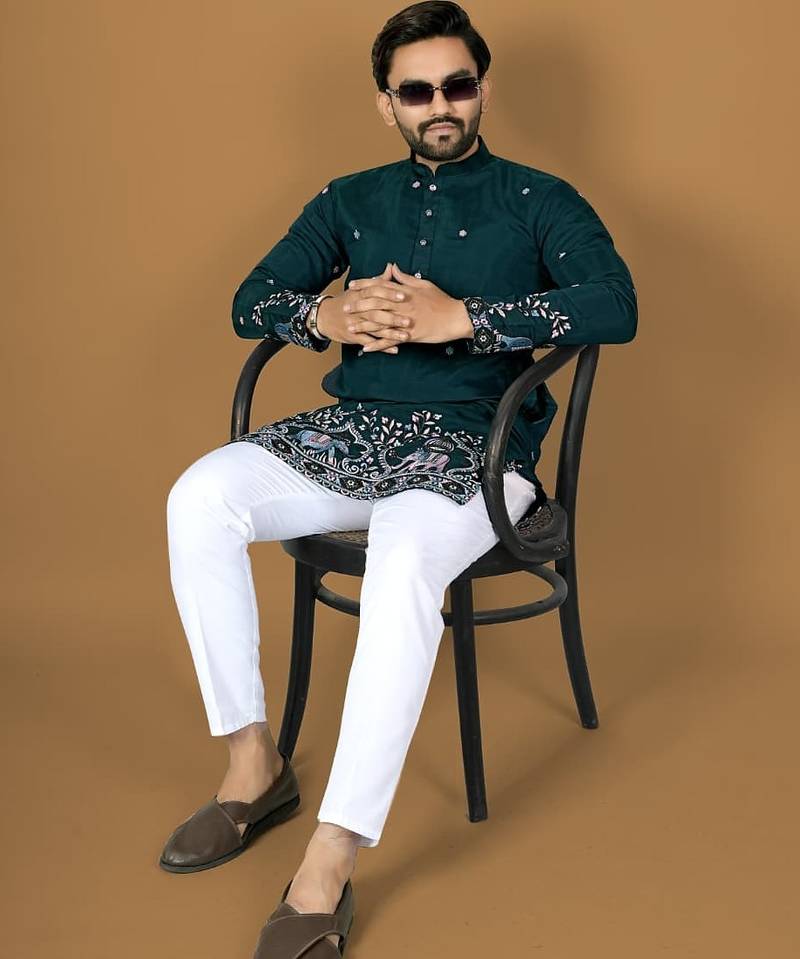 D green embroidery silk straight kurta