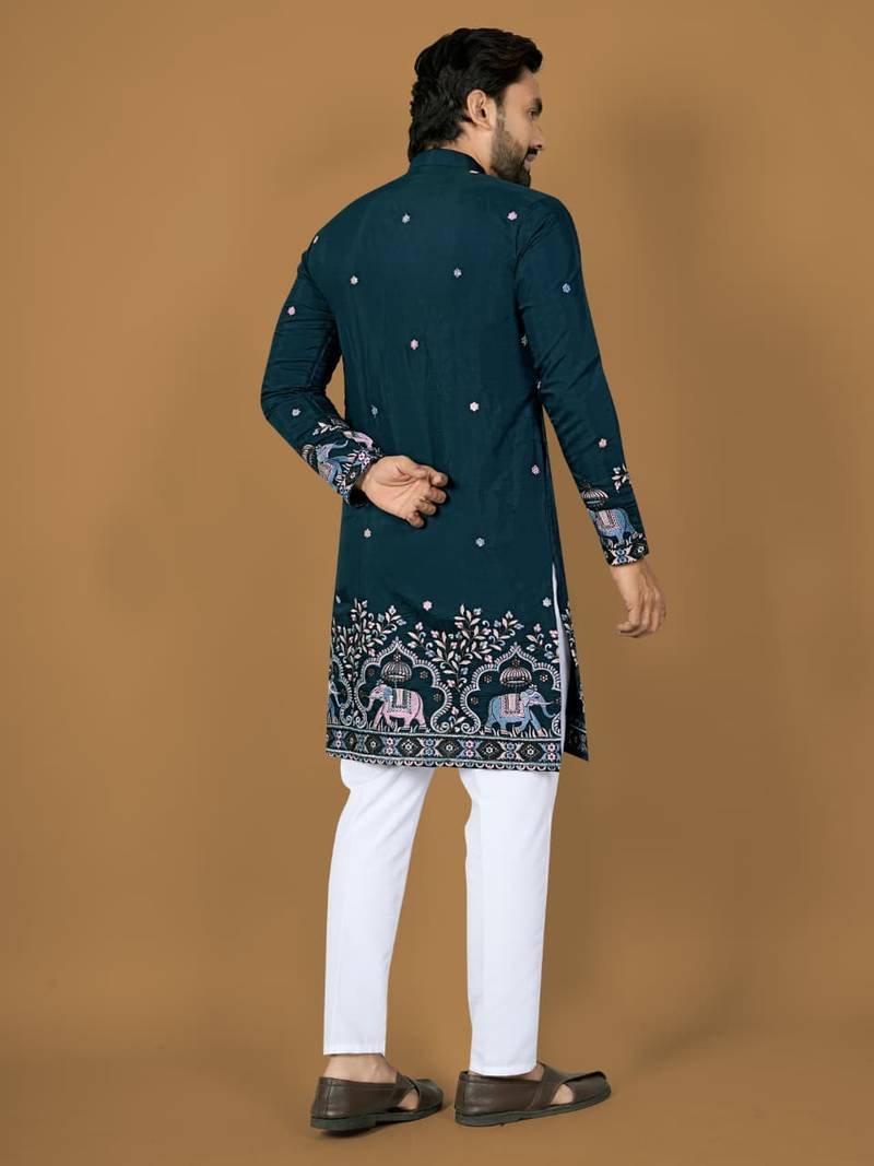 D green embroidery silk straight kurta