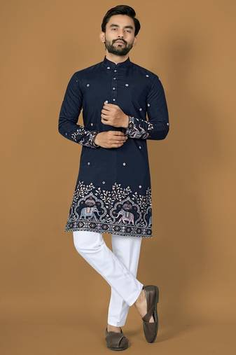 Navy embroidery silk straight kurta