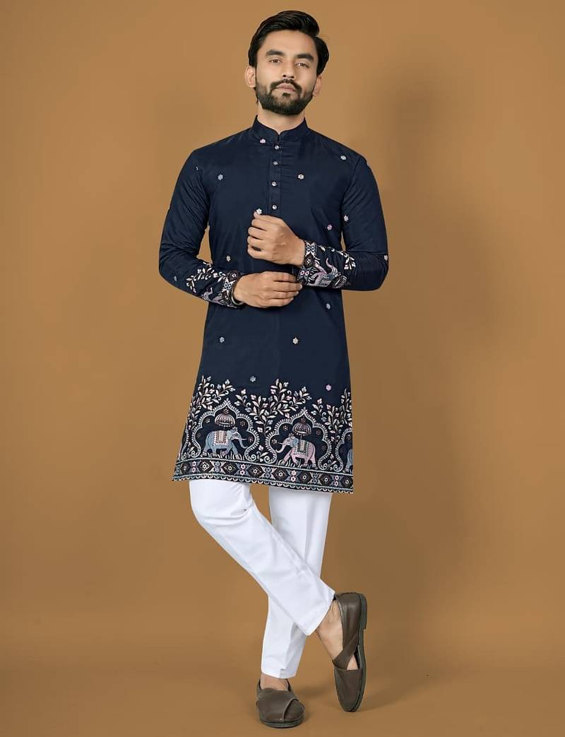 Navy embroidery silk straight kurta
