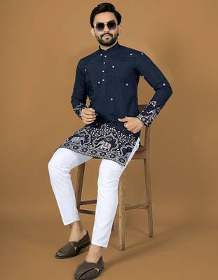 Navy embroidery silk straight kurta 2