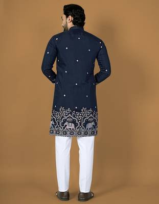 Navy embroidery silk straight kurta 3
