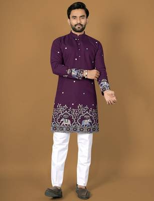 Purple embroidery silk straight kurta 1