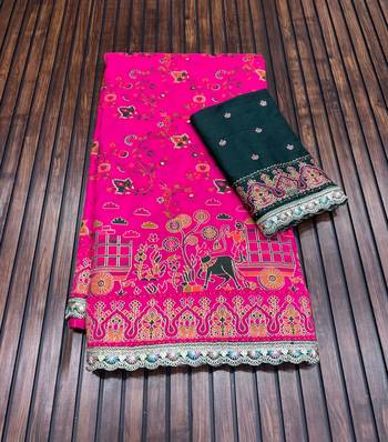 Rani Pink Color Zari Weaving Embroidery Lace Pashmina Silk Blend  Saree  1