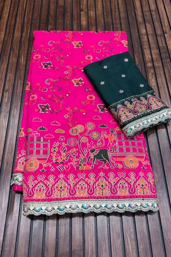 Rani Pink Color Zari Weaving Embroidery Lace Pashmina Silk Blend  Saree 