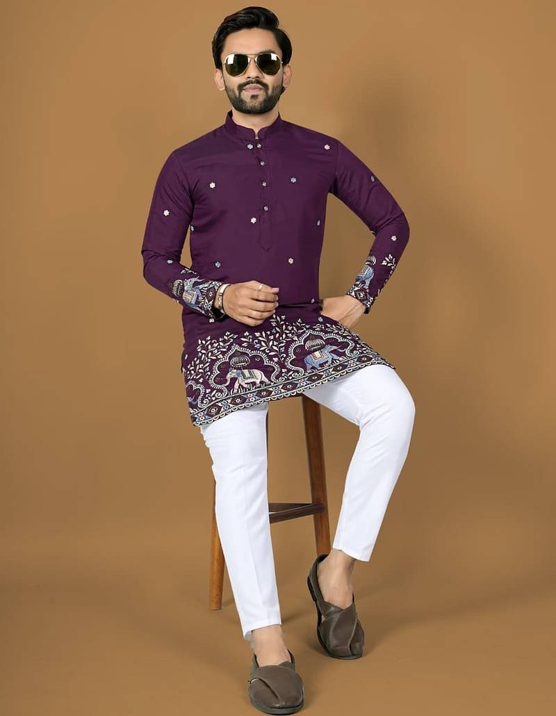 Purple embroidery silk straight kurta
