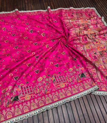 Rani Pink Color Zari Weaving Embroidery Lace Pashmina Silk Blend  Saree  2