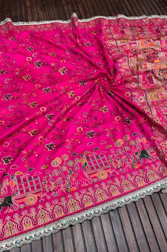 Rani Pink Color Zari Weaving Embroidery Lace Pashmina Silk Blend  Saree 