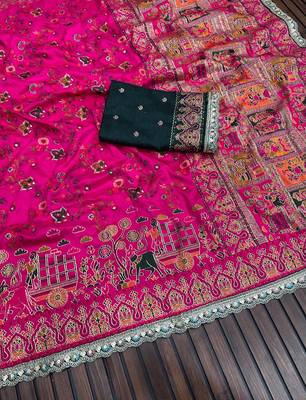 Rani Pink Color Zari Weaving Embroidery Lace Pashmina Silk Blend  Saree  3