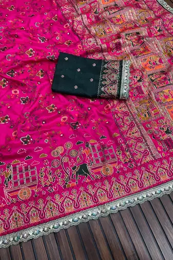 Rani Pink Color Zari Weaving Embroidery Lace Pashmina Silk Blend  Saree 