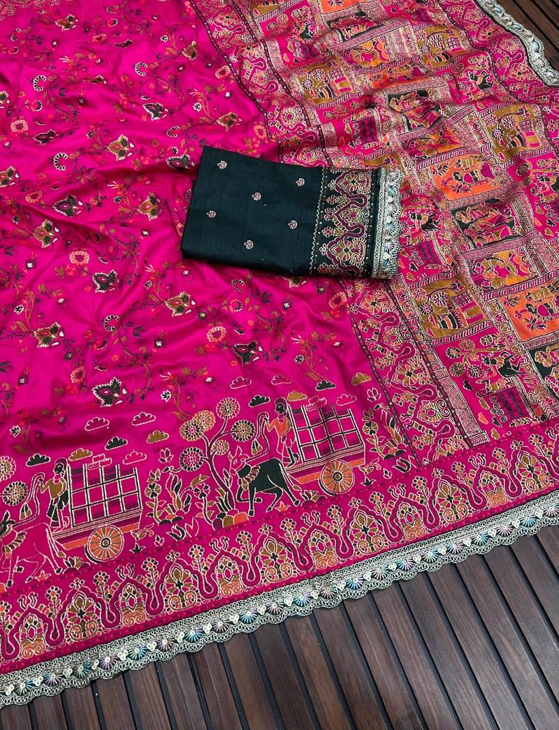 Rani Pink Color Zari Weaving Embroidery Lace Pashmina Silk Blend  Saree 