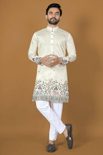 White embroidery silk straight kurta